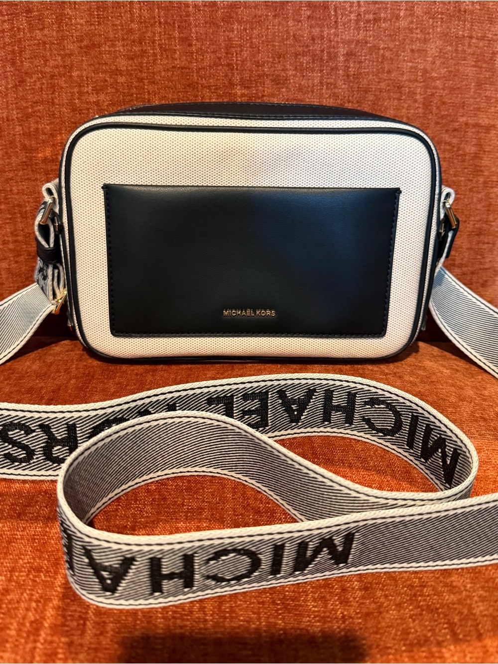 Michael Kors White and Black Crossbody Camera Bag with Branded Strap